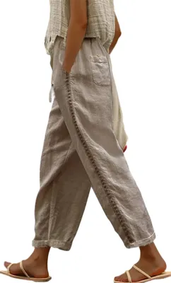 Obrázek produktu pro ASKSA Dámské plátěné kalhoty 7/8 Letní lehké plátěné kalhoty s bočním otvorem Baggy Casual Trousers, Camel, vel: XXL