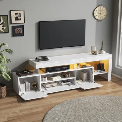 Image de OKWISH Meuble TV avec Éclairage LED Contrôlable par Application - 3 Compartiments de Rangement et Portes Abattantes - 192x37x53 cm - Blanc