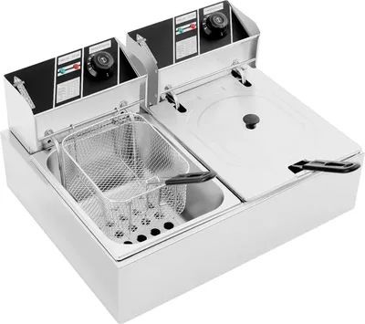 Obrázok produktu pre Elektrická fritéza – dvojitý kôš, 12 litrov – 2 × 2,5 kW – s dvoma zónami – nastaviteľná teplota 60–200 °C – rýchly ohrev – strieborná farba