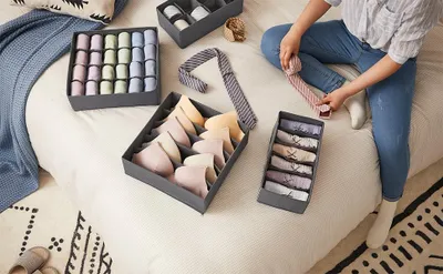 Produktbild von Unterwäsche-Organizer - Schubladen-Organizer Set 4-teilig - Faltbar - Kleiderschrank Aufbewahrungsboxen - Stoff Schubladenteiler - Grau