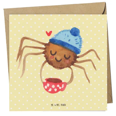 Produktbild von Mr. & Mrs. Panda Grußkarte Spinne Agathe Kaffee - Gelb Pastell - Geschenk, doppelkarte, Weiser Spruch, Klappkarte, Glückwunschkarte, Morgen, Lebensweisheiten, faltkarte