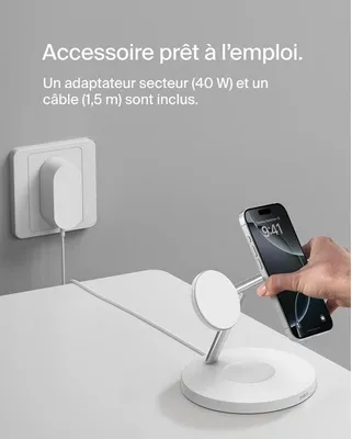 Image de Station de recharge sans fil, Belkin Qi1, 3-en-1, 15 W, Blanc, Pour iPhone, AirPods et Apple Watch