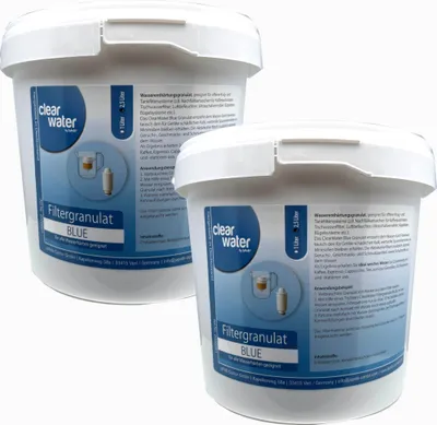 Two white buckets of filter granules for water filters, placed diagonally on a white background.