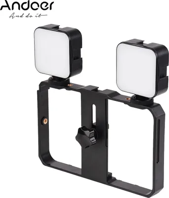 Produktbild von Andoer Mini LED-Videolicht 5W Fotografie-Einfuelllampe 6500K Dimmbar, 2 Stueck + Handheld-Smartphone-Videohalterung Telefonstabilisierungskaefig mit Telefonhalter 3 Kaltschuhhalterungen
