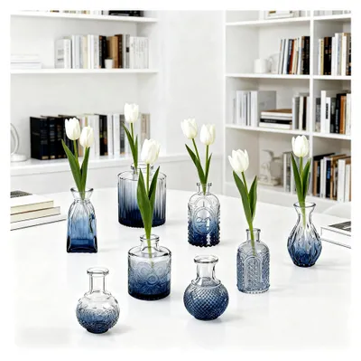 Produktbild von Set von 32 Mini-Glasvasen in Blau, Kleine Blumenvasen aus Glas, Vintage-Dekoration, Glasflaschen für Blumenarrangements, Tischdekoration, Hochzeit, Blumenflasche