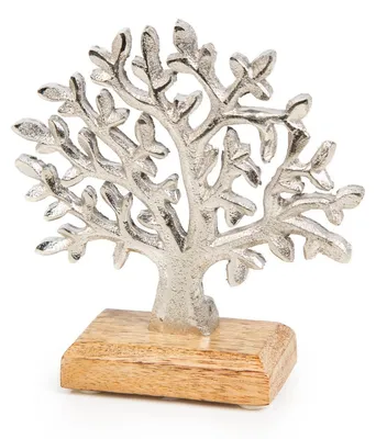 Produktbild von Lebensbaum Dekofigur aus Aluminium & Holz Silber - Baum des Lebens 13 cm