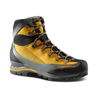 Bergschuh "Trango Trk Leather GTX" von La Sportiva in Schwarz und Gelb mit Schnürung und Profilsohle.