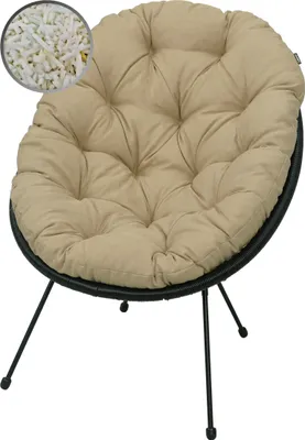 A beige cushion on a black chair with black legs, shown against a white background.