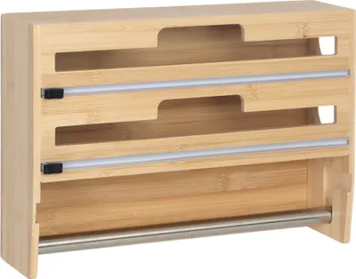 Produktbild von Relaxdays Wandrollenhalter 3 in 1, für Küchenrolle, Alufolie, Frischhaltefolie, Bambus, HxBxT: 25 x 37 x 10 cm, natur