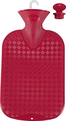 A red hot water bottle with its cap, shown from the front.