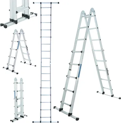 Zdjęcie produktu dla Drabina teleskopowa - składana, wysuwana - do prac na zewnątrz - z dodatkową stabilizującą stopką - wysokość 555 cm - wykonana z aluminium