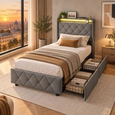 Imagen del producto de INONEFT, cama tapizada de 90x200 cm con 2 cajones, cama juvenil con LED y USB, cama individual con espacio de almacenamiento, estructura de cama multifuncional con espacio de almacenamiento, tapizada en terciopelo, color gris