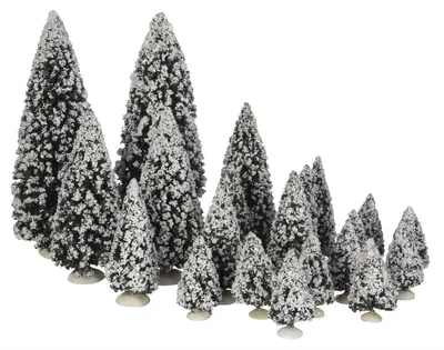 Produktbild von Luville Evergreen Miniatur Tannenbäume 21 Stück - Weihnachtsdeko für Weihnachtsdorf - Weihnachtsschmuck mit Schneeeffekt - Weihnachten Dekoration für Miniaturlandschaft - H22 x Ø8 cm - Grün