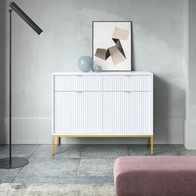 Produktbild von Weiße Moderne Geriffelte Kommode KIOTO K2D2SZ Gold Gestell Schrank Sideboard