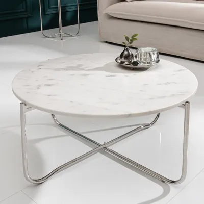 Produktbild von riess-ambiente Runder Couchtisch NOBLE 65cm weiß Marmor abnehmbare Tischplatte klappbar silber Metall Beistelltisch Tisch