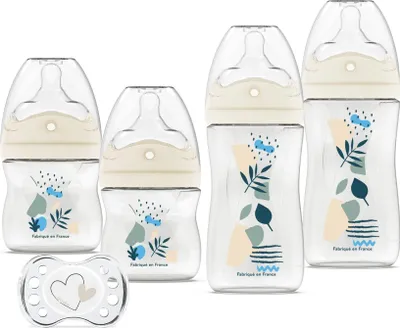 Produktbild von DODIE Baby-Flaschen, Anti-Kolik, mehrperforierter Sauger (2 x 150 ml und 2 x 270 ml), ein Schnuller, blau, 4 Stück