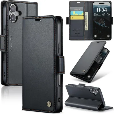 Obrázek produktu pro Pouzdro pro iPhone 17, RFID Blokování Karet, Pokročilé Flip Kožené Pouzdro s Funkcí Stojánku černé
