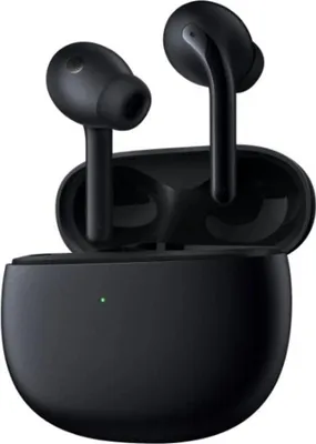 A pair of black wireless earbuds and their charging case are shown against a white background.