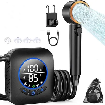 Productafbeelding van Draagbare campingdouche - 8000mAh batterijdouche - Met slank LED-display - 4 waterstraalstanden - IPX8 - Tuindouche - Draagbare douche - Zwart