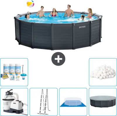 Produktbild von Intex runder Pool mit graphitgrauem Paneel – 478 x 124 cm – inklusive Pumpe – Leiter – Bodenplane – Abdeckung Wartungspaket - Filterbälle