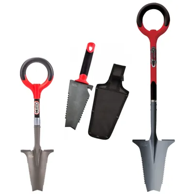 Produktbild von Root Slayer Set Wurzelspaten + Blumenkelle + Mini Wurzelspaten, ergonomisch & robust, Spaten & Schaufel mit Schneidspitze & Wurzelsäge, rot