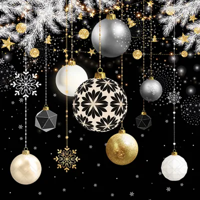 Produktbild von 20 Servietten Christmas Baubles black - Elegante Weihnachtskugeln auf schwarz 33x33cm