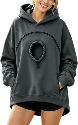 Produktbild von ASKSA Hoodie Damen Herren Uni Pullover Katzenpullover Mit Zipper Tasche,Pullover Mit Hundetasche Katzentasche (Dunkelgrau,XL)