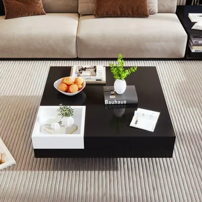 Obrázek produktu pro Konferenční stolek – lesklá černá barva – s úložnou zásuvkou a LED osvětlením – 72x72x30 cm