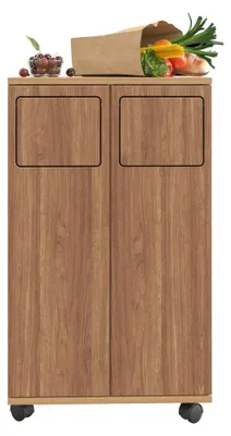 Immagine prodotto di Armadietto per bidoni della spazzatura - Contenitore mobile per rifiuti - 2 ante - 2 scomparti - MDF - Ruote - Colore naturale