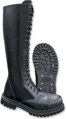 A pair of black leather boots shown from the front and a close-up of the sole.