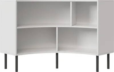 A white corner shelf unit with black legs on a white background.