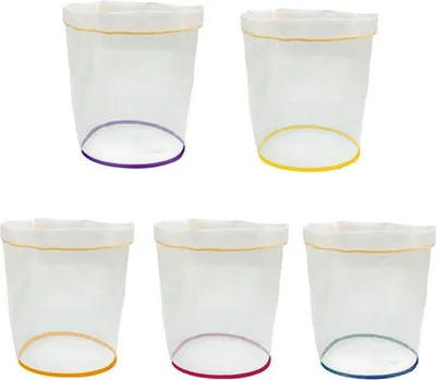 Five mesh filter bags with colored rims are arranged in a grid on a white background.