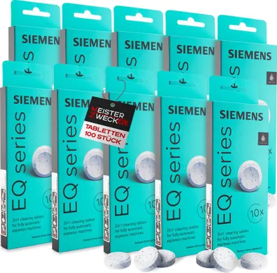 Produktbild von MEISTERZWECK4U - Siemens TZ80001A Reinigungstabletten 10x10 für EQ Series Kaffeevollautomaten - entfernt Kaffeeöl Rückstände Reiniger Kaffeeautomat, Reinigungstabs Kaffeemaschine - für perfektes Aroma