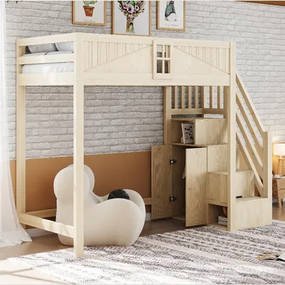 Obrázek produktu pro Postel s vysokým rámem z masivního dřeva, rozměry 90x200 cm, s bezpečnostními prvky jako dveře a okno, žebřík lze namontovat na levé nebo pravé straně, boční úložný prostor, barva dřeva