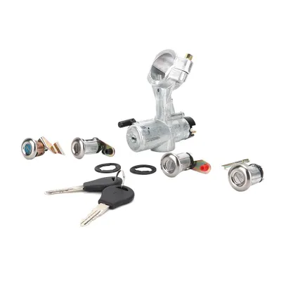 A collection of car ignition lock cylinders and keys, laid out on a white background.