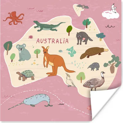 Produktbild von MuchoWow® Poster Tiere - Weltkarte Kinder - Australien - Mädchen - Kinder 30x30 cm - Wandposter - Printing