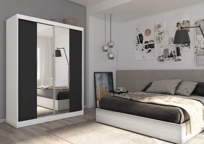 Obrázok produktu pre AGMAT Šatníková skriňa s posuvnými dverami Lyon, Šatníková skriňa s 2 dverami, Moderný šatník vo farbe: biela / čierna, Šatníková skriňa vo veľkosti: 160 x 216 x 61 cm