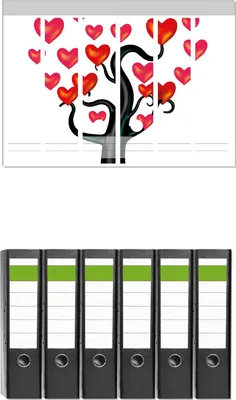 Produktbild von Wallario 6 Stück breite Ordner inkl. Klebeetiketten mit Motive Comic Baum mit Herzen -  Set mit Rückenschildern / Ordnerrücken Stickern