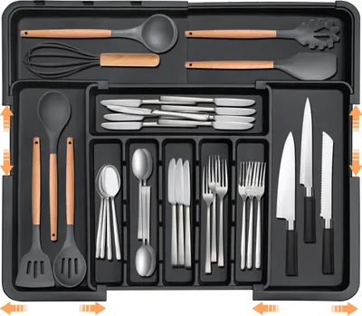 Produktbild von Besteckeinsatz - Schubladen-Organizer/Besteckkasten - Erweiterbar - Verstellbar - Große Kapazität - Kunststoff - Schwarz