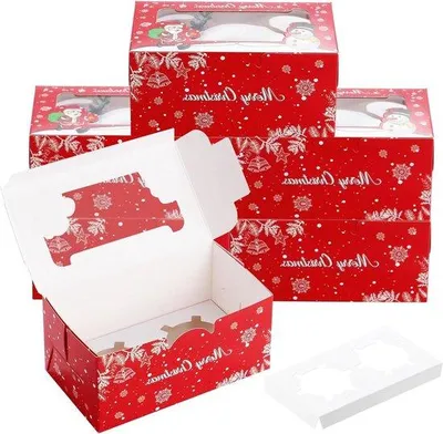 Produktbild von Famanu Cupcake-Boxen 50 Stück - Kartonverpackung mit Fenster - Rot Weihnachten