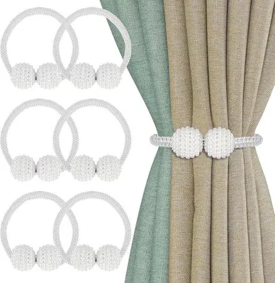 Produktbild von Famanu Magnetische Halter für Gardinen mit Perlen - 6 Stück - Gardinenhalter Seil - Duschvorhang Halter - Dekoration für Zuhause - Büro - Hotel (Weiß)