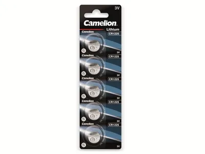 A blister pack of Camelion Lithium CR1225 button cell batteries.