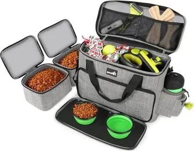 Produktbild von Pecute Hunde Reisetasche Große Hundetasche, Haustier, mit 2 Aufbewahrungstaschen und 2 Hundenäpfe, Hundetragetasche Dog Travel Bag für Reisen, Camping oder Tagesausflüge, Grau 42 * 18 * 30 cm