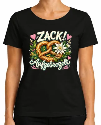 Productafbeelding van Zack Aufgebrezelt, Brezel, Edelweiss, Trachtenshirt, Lederhose, Dirndl, Dames T-shirt, Zwart, XXL
