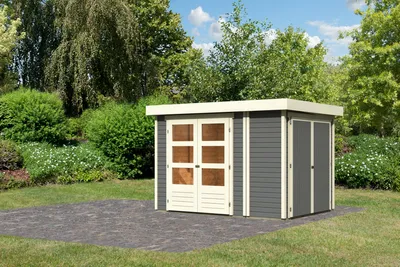 Produktbild von Karibu Gartenhaus Gerätehaus Retola 2 inkl. Anbauschrank terragrau 284x217x211 cm
