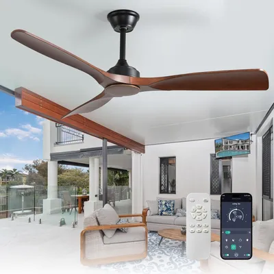 Image de Grand ventilateur de plafond sans lumière pour l'extérieur : 132 cm, ventilateur avec télécommande et application pour terrasse et jardin, ventilateur de plafond silencieux, réversible