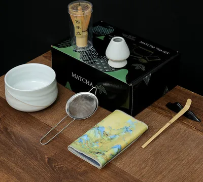 Produktbild von INF Matcha-Besen-Set CT Sieben Teile - Weiße Keramik & Bambus