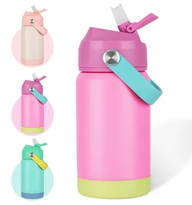 Obrázek produktu pro Dětská láhev na pití z nerezové oceli, izolovaná, s brčkem, objem 350 ml, barva růžová
