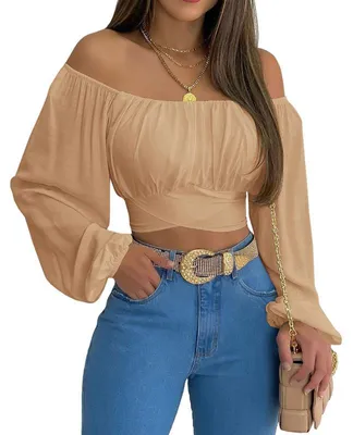 Produktbild von Damen-Crop-Top mit schulterfreiem Schnitt, gerafftem Rückenteil und Laternenärmeln im Boho-Stil, Sommerbluse,Größe:L