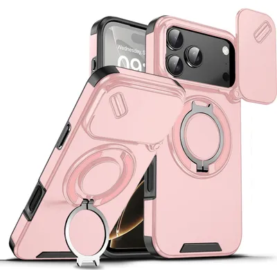 Produktbild von Handyhülle für iPhone 17 Pro Max Dual-Layer Stoßfest Militär Hülle mit Dia Kameraschutz und Magnetisch Ring Ständer Pink
